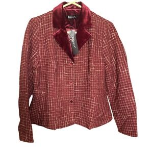 NWT Allegra‎ K Blazer M Red Gold Tweed Velvet Collar Jacket Holiday Party
